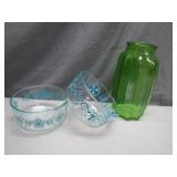 2 Pyrex Bowls and Green Glass Vase