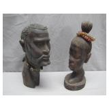 Carved Wooden Male and Female Busts with Beaded...