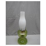 Green Glass Oil Lamp With Frosted Chimney