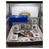 Cigar Box of Vintage US Coins and Currency