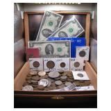 Cigar Box With US Coins, Bills w/ a WWII Nickel
