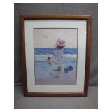 Framed Artwork of Girl on Beach by C. Kieffer