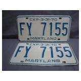 Maryland 1970 License Plates, Matched Pair