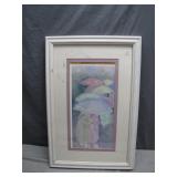 Framed Pastel Artwork of Figures With Umbrellas