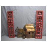 Metal House Sculpture and Red Panels Set