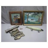 Lure-Themed Artwork and Fishing Decor Lot