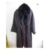 Brown Leather Coat with Fur Trim, Size Large