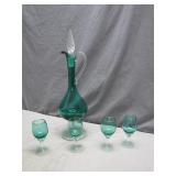 Emerald Green Glass Decanter Set With Four Goblets