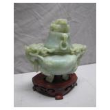 Jade Censer with Lid and Carved Wood Stand