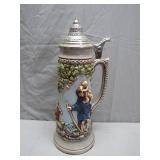 Tall Lidded German Beer Stein with Relief Scenes