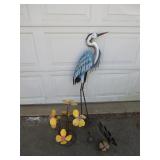 Metal Garden Sculpture Set With Heron and Flowers