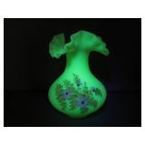 Signed Handpainted Fenton Uranium Glass Vase