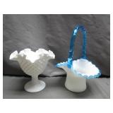 Milk Glass Vase and Blue Handle Basket Set