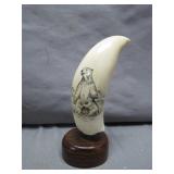 Scrimshaw Bear Etched Tooth on Wooden Base