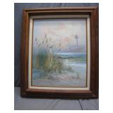 Framed Lighthouse Landscape Oil Painting