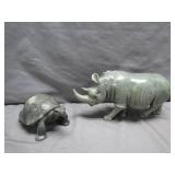 Stone Rhino & Turtle Figurine Pair