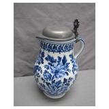 Blue Floral Ceramic Pitcher with Pewter Lid