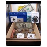 Cigar Box of Vintage U.S. Coins & Currency