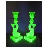 Uranium Vaseline Glass Koi Fish Candleholders