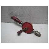 Vintage Hand Crank Drill, Red & Wood Handle