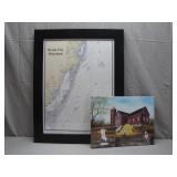 Framed Ocean City Map and Farmyard Scene Art
