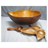 Hand-Carved Wooden Bowl with Ladle and Tray