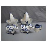 Blue-and-White Ceramic Set with Cow Figurines