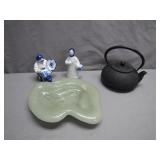 Cast Iron Teapot, Dutch Figurines, Glass Dish