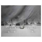 Glass Pitcher and 7 Etched Wine Glasses