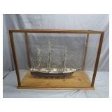 Model Ship in Wood and Glass Display Case