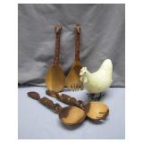 Wooden Giraffe Spoons & Chicken Figurine