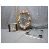 Glass Scale, Clock, and Floral Mirror Set