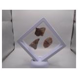 3 Stone Arrowheads Displayed in Case