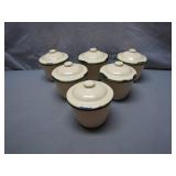 Six Ceramic Lidded Cups with Green Trim