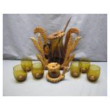 Carved Wood and Glass Beverage Set