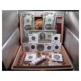 Cigar Box of Vintage US Coins & Currency