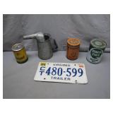 Collectible Oil Cans, Spout, and License Plate
