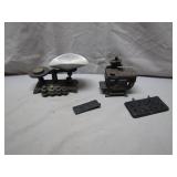 Miniature Cast Iron Scale and Queen Stove Set