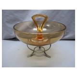 Amber Glass Bowl With Handle and Metal Stand