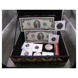 Decorative Box w/ Vintage U.S. Coins & Currency