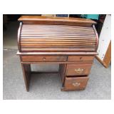 Wooden Roll-Top Desk With Red-Lined Drawers
