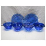 6 Blue Glass Bowls and Plates