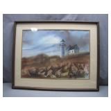 Framed Lighthouse Watercolor by Virginia Monschke