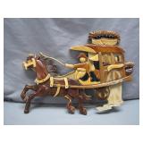 Hand-Carved Wooden Horse-Drawn Carriage Scene