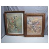 2 Framed Art Prints: Flowers and Deer