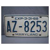 1968 Maryland License Plate AZ-8253