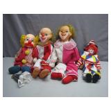 4 Colorful Vintage Clown Dolls
