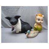 Papier-Mache Pig, Ceramic Piggy Bank, and Duck