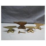 4 Miniature Brass Anvils and a Hammer
