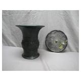Metal Plate and Vase With Decorative Details